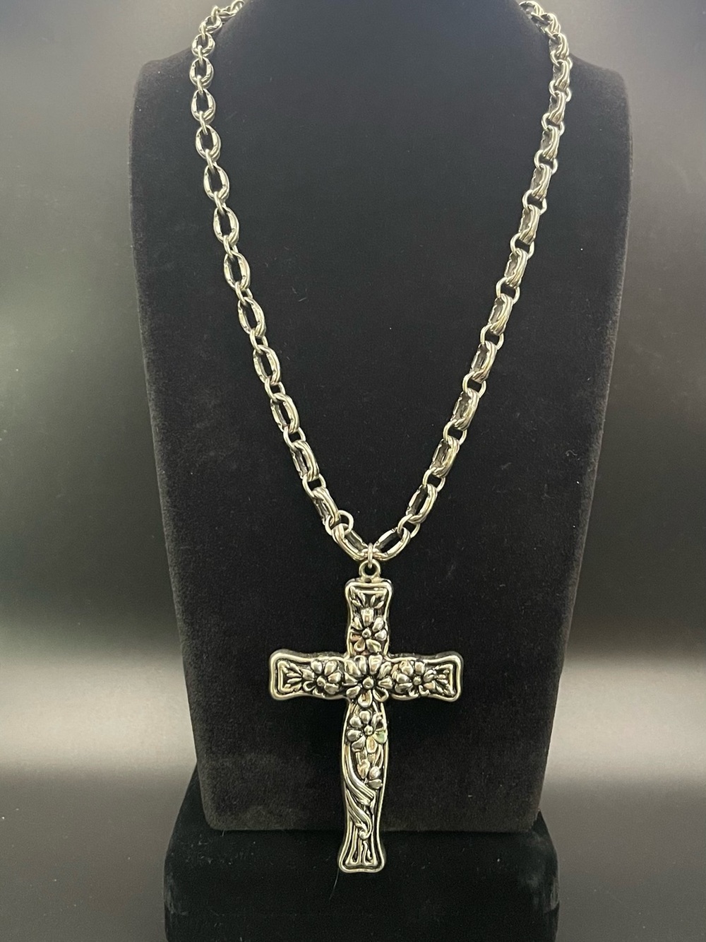 Vintage ornate double sided floral cross statement, pendant necklace.  40 grams